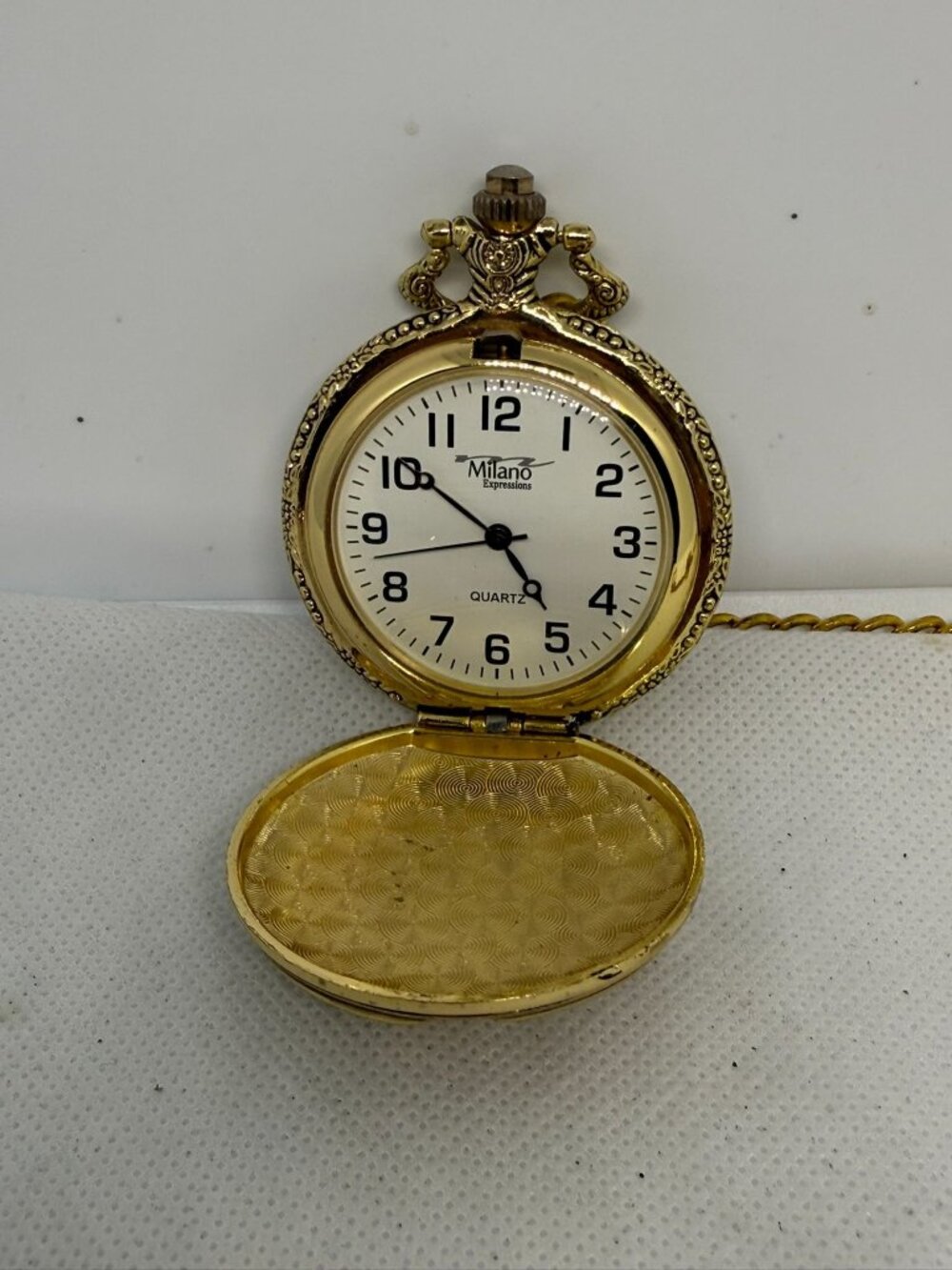 Milano Expressions Gold‑Tone Hunter Case White Dial Quartz Pocket Watch